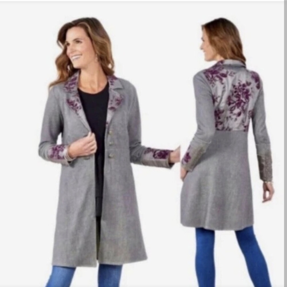Soft Surrounding Embroidered Grandeur Gray Purple Trench Coat Women Size Medium